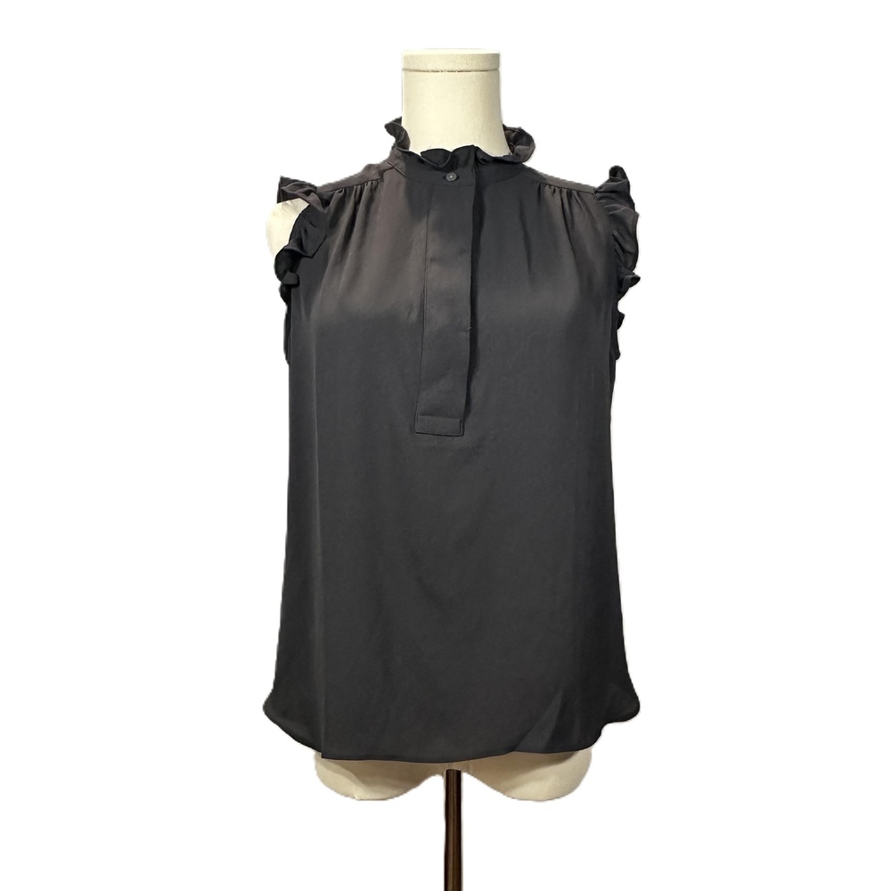 NWT LOFT Steel Ruffle Short Sleeve High Neck Button Blouse Womens Petite Small